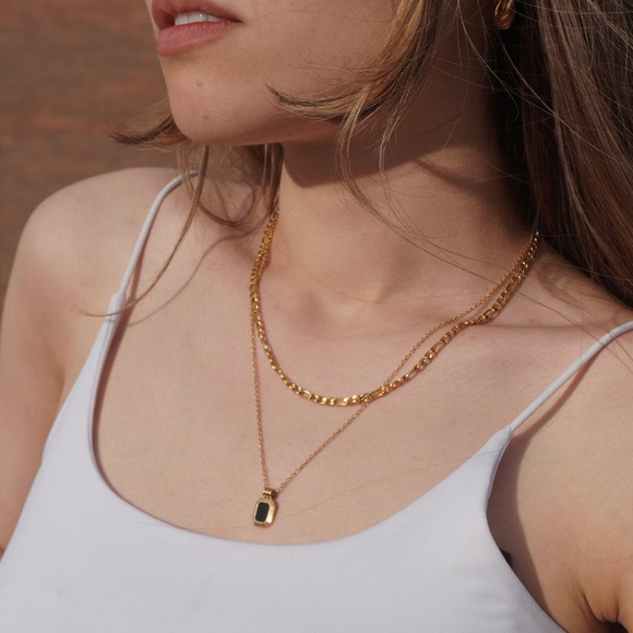 18K Gold Double Layered Necklace*Figaro Chain*Dainty*Gold Waterproof Jewelry*YB - Picture 6 of 10